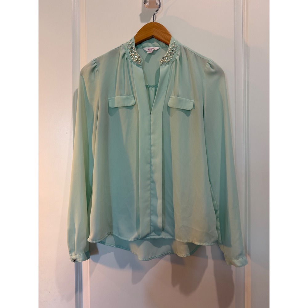 Candies Mint Green Embellished Collar Blouse XS Long‎ Sleeve Faux Pearl V-Neck